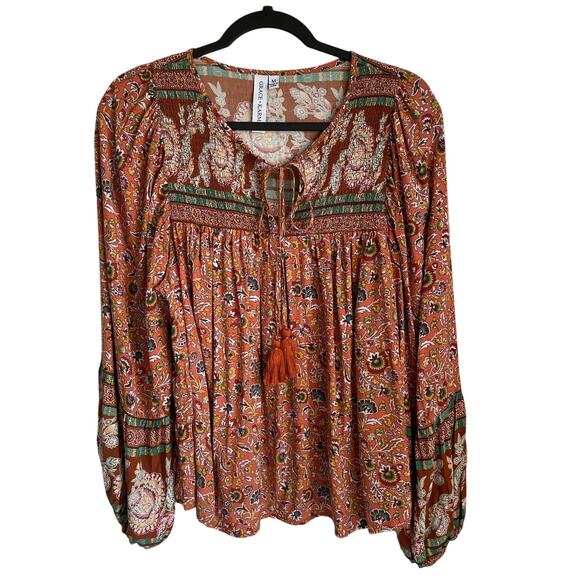 Grace + Karma Peasant Top Smocked Tassel Ties Balloon Sleeves Sz M Boho Orange - Picture 1 of 10